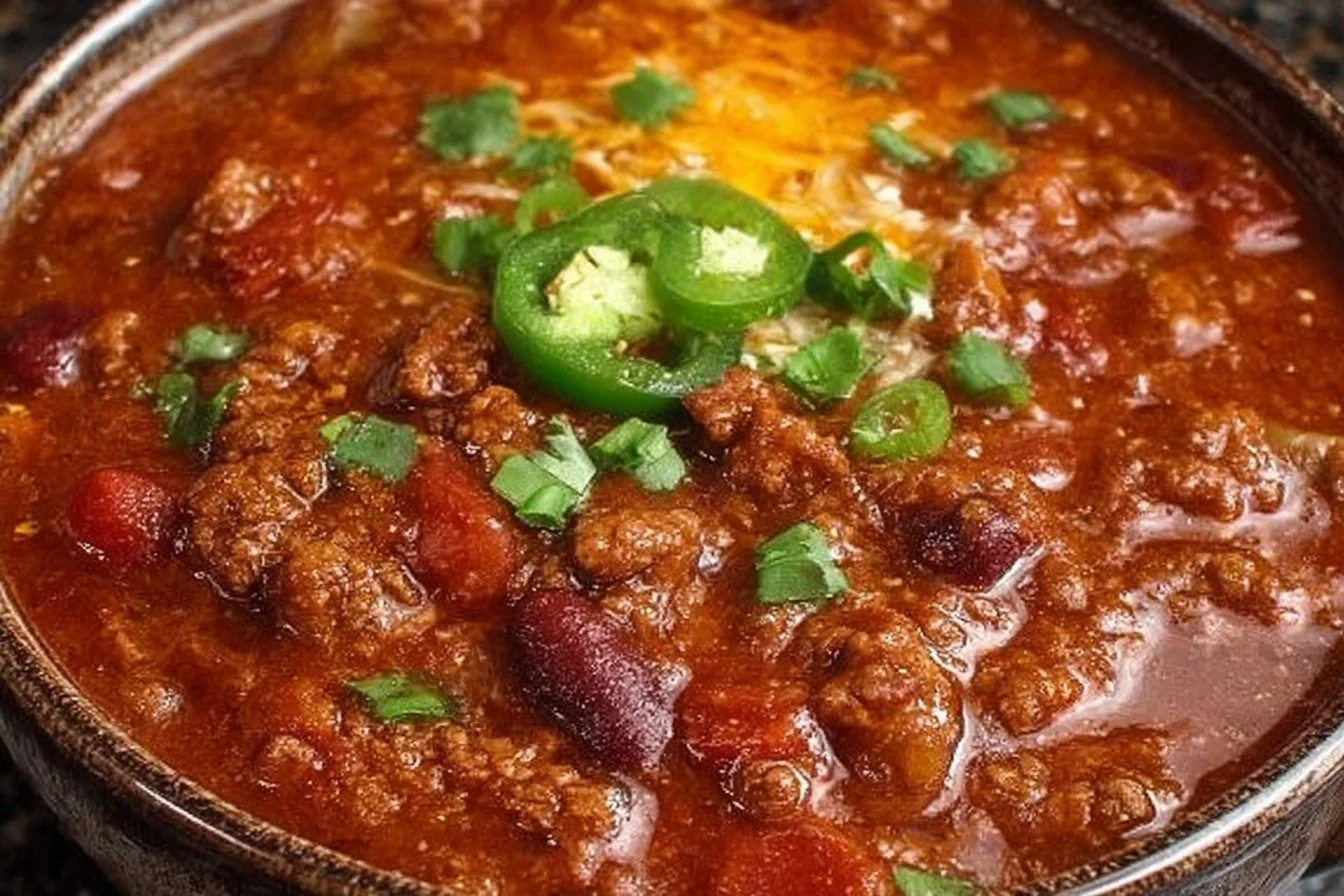 Bowl of easy chili recipe topped with cheese and cilantro