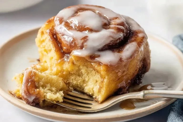 Delicious easy cinnamon rolls topped with icing on a rustic wooden table