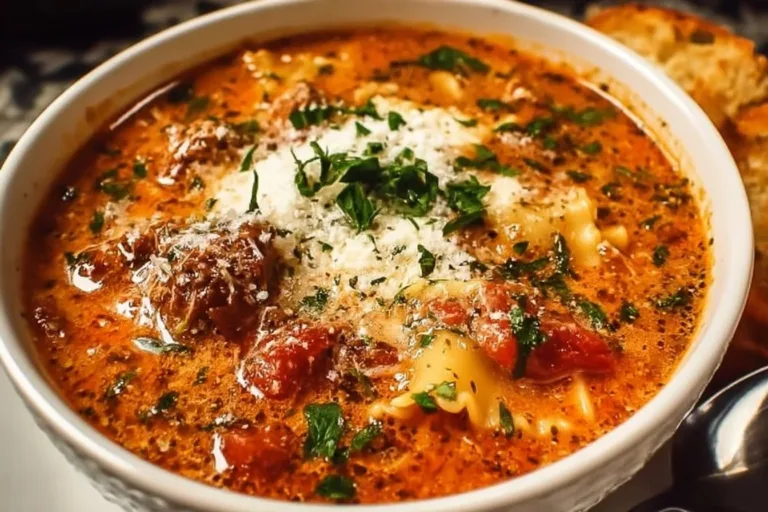Bowl of creamy lasagna soup garnished with herbs and cheese