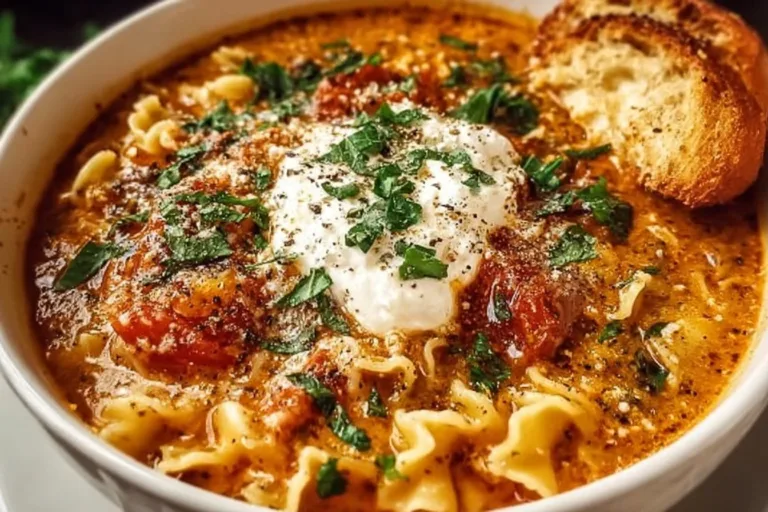 Bowl of easy creamy lasagna soup garnished with herbs and cheese