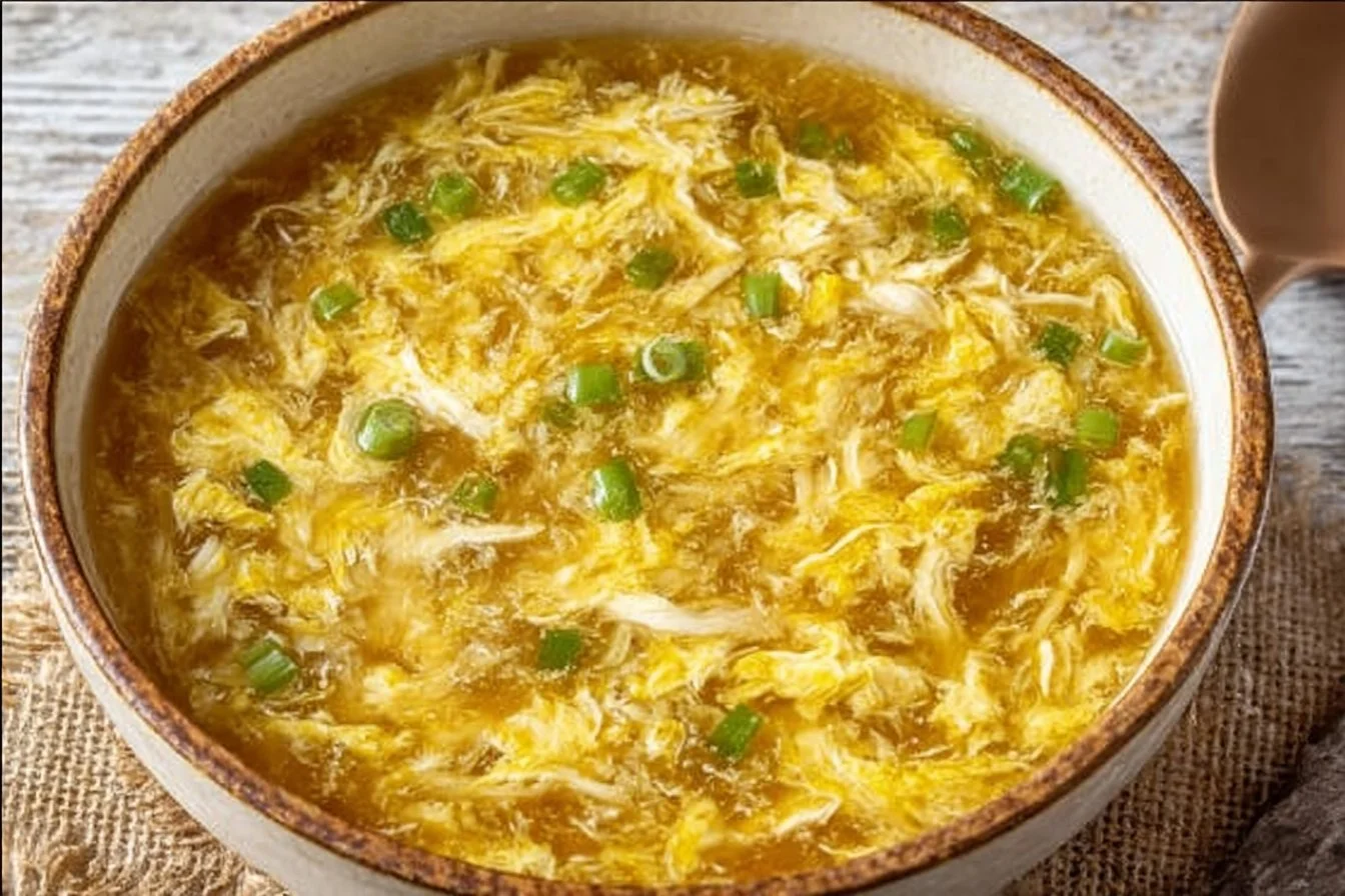 Bowl of easy egg drop soup garnished with green onions