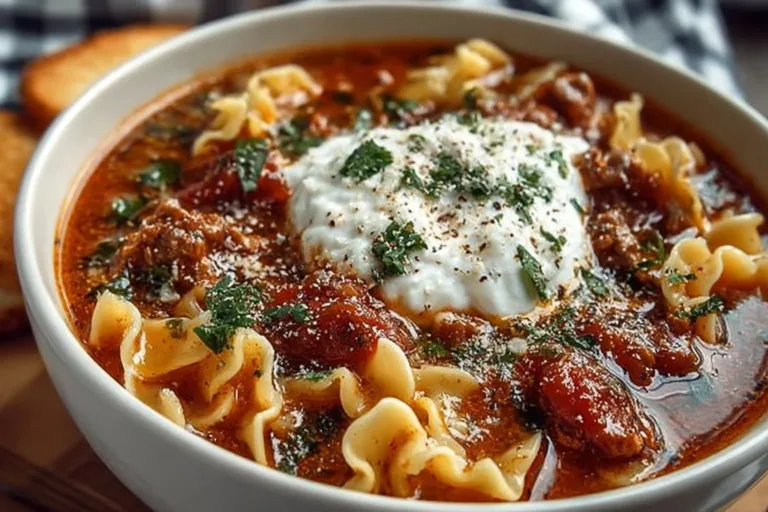 Bowl of delicious homemade lasagna soup with cheese and herbs