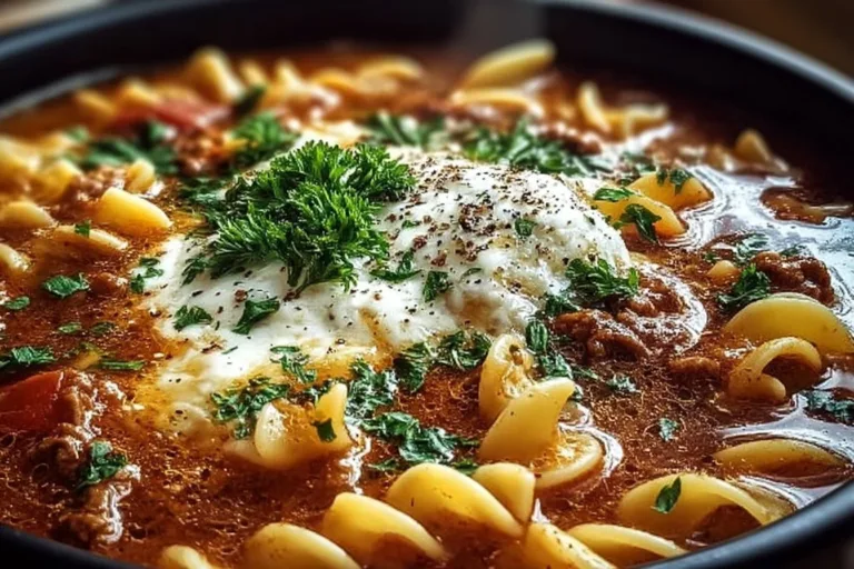 Bowl of easy lasagna soup topped with cheese and herbs