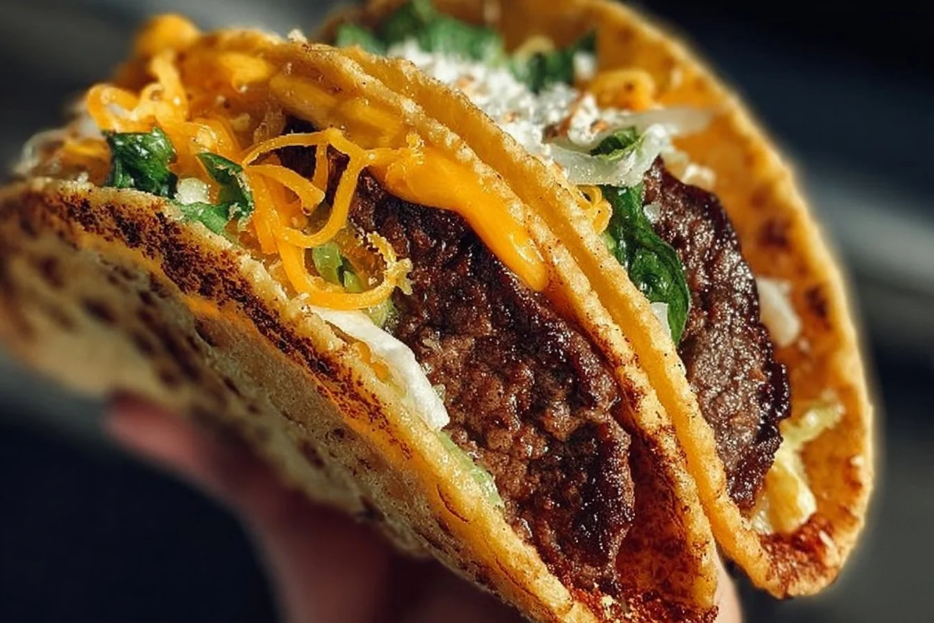 Easy smash burger tacos served on a plate with fresh toppings