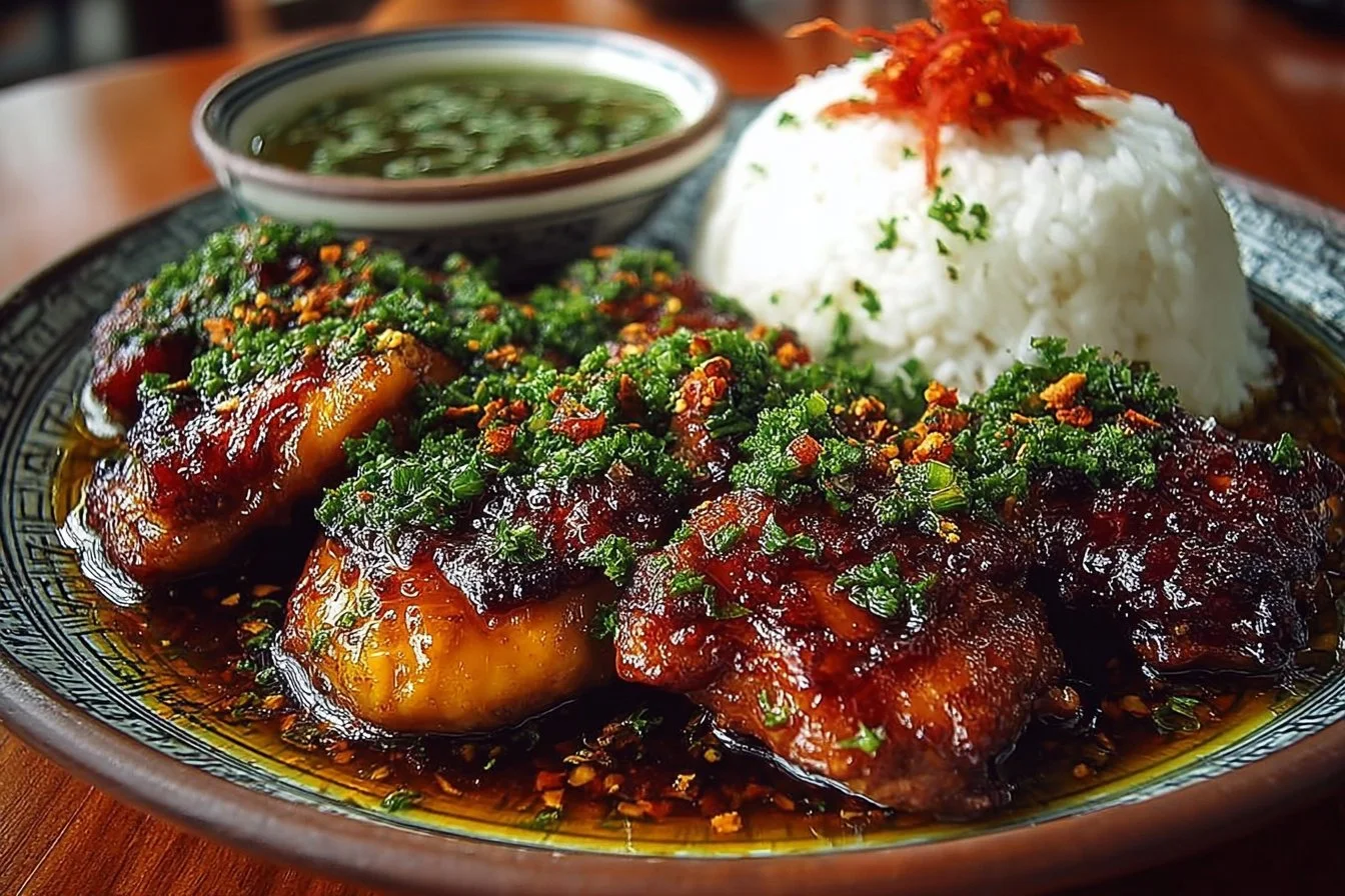 Easy soy sauce chicken served on a plate with garnishes