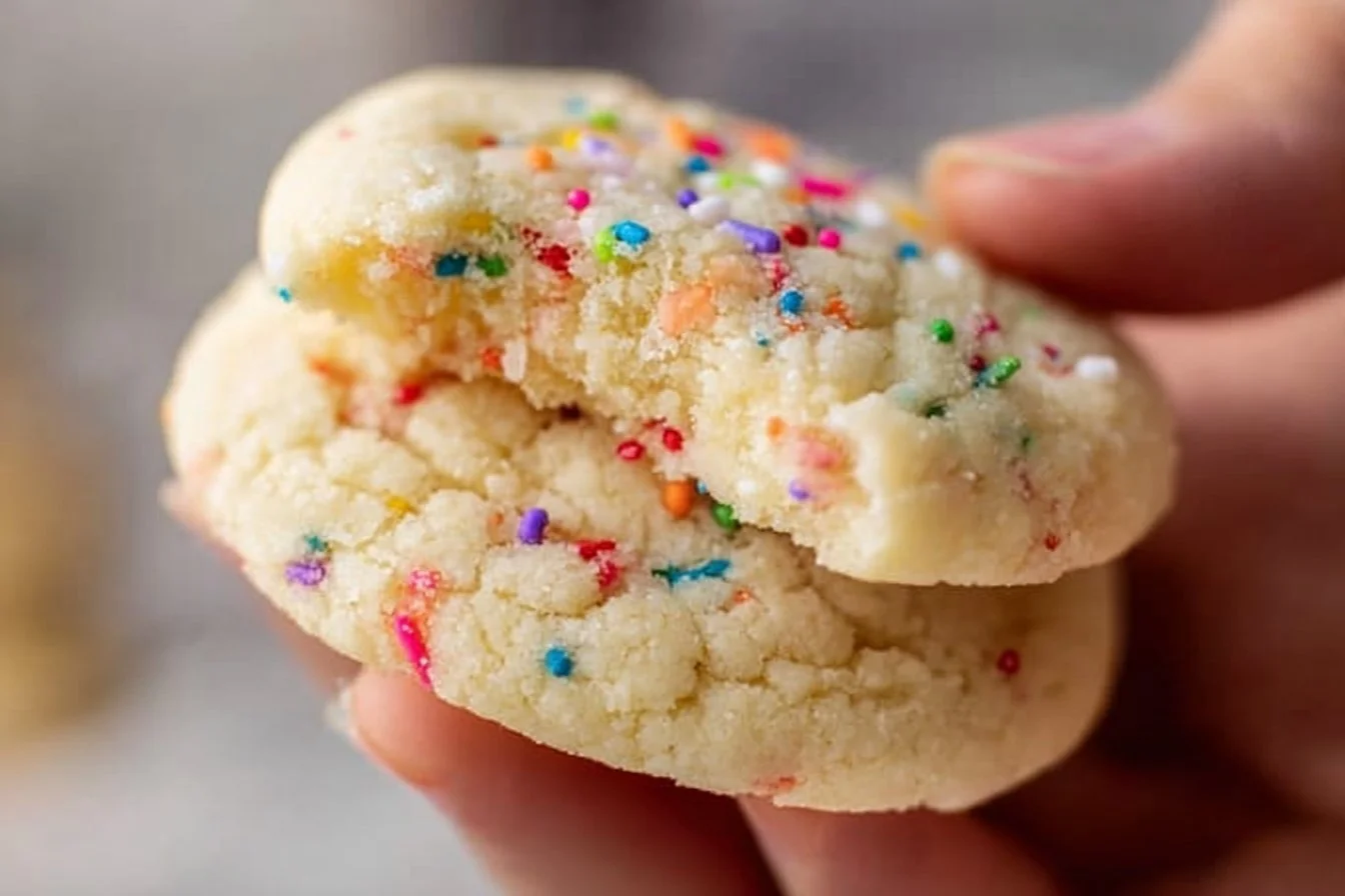 Baked easy sugar cookies decorated with colorful sprinkles on a white plate