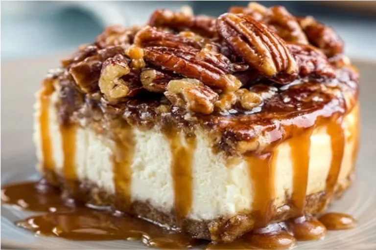 Elegant Caramel Pecan Cheesecake topped with caramel and pecans