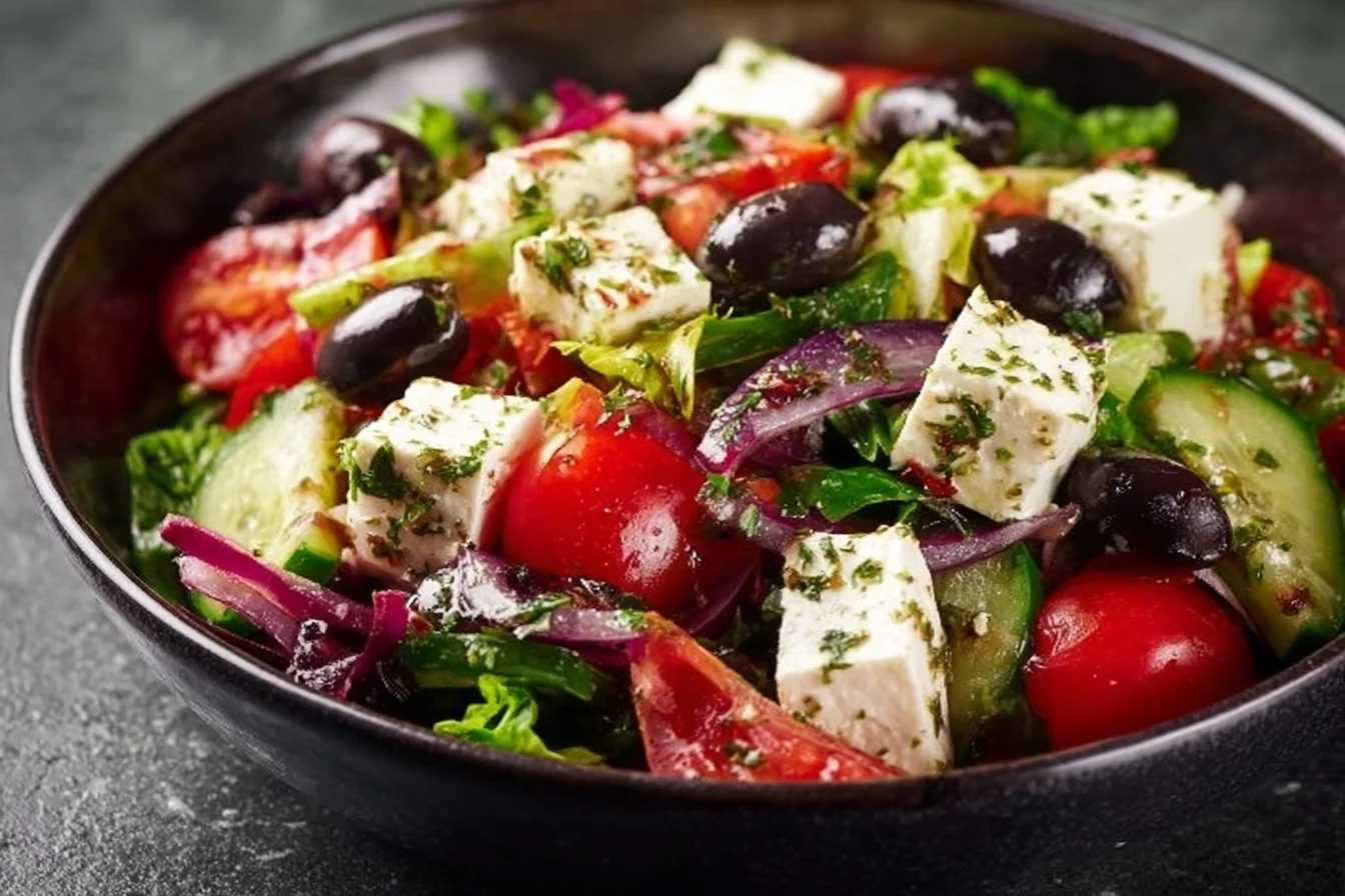 A colorful bowl of feta salad with fresh vegetables and herbs