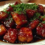 Delicious homemade food court bourbon chicken served on a plate