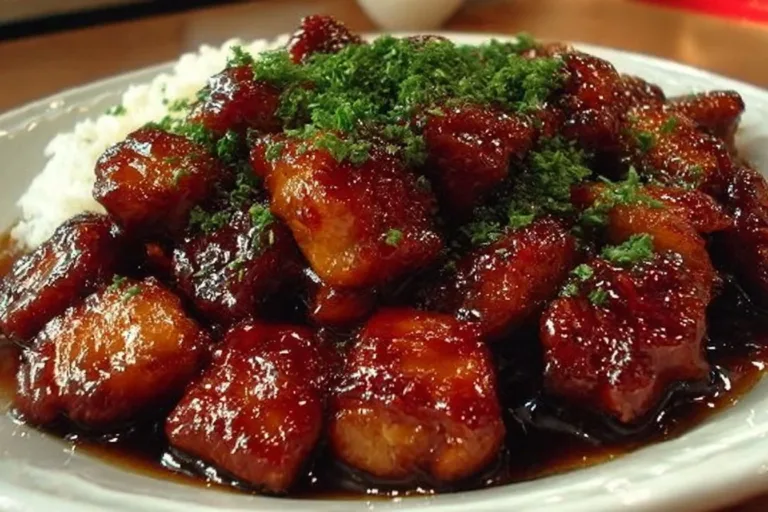 Delicious homemade food court bourbon chicken served on a plate