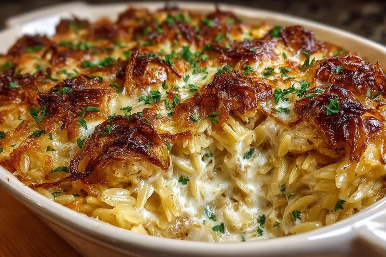 Delicious French Onion Chicken Orzo Casserole dish served in a baking dish