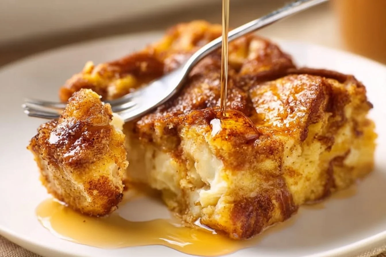 Delicious French Toast Casserole topped with syrup and berries