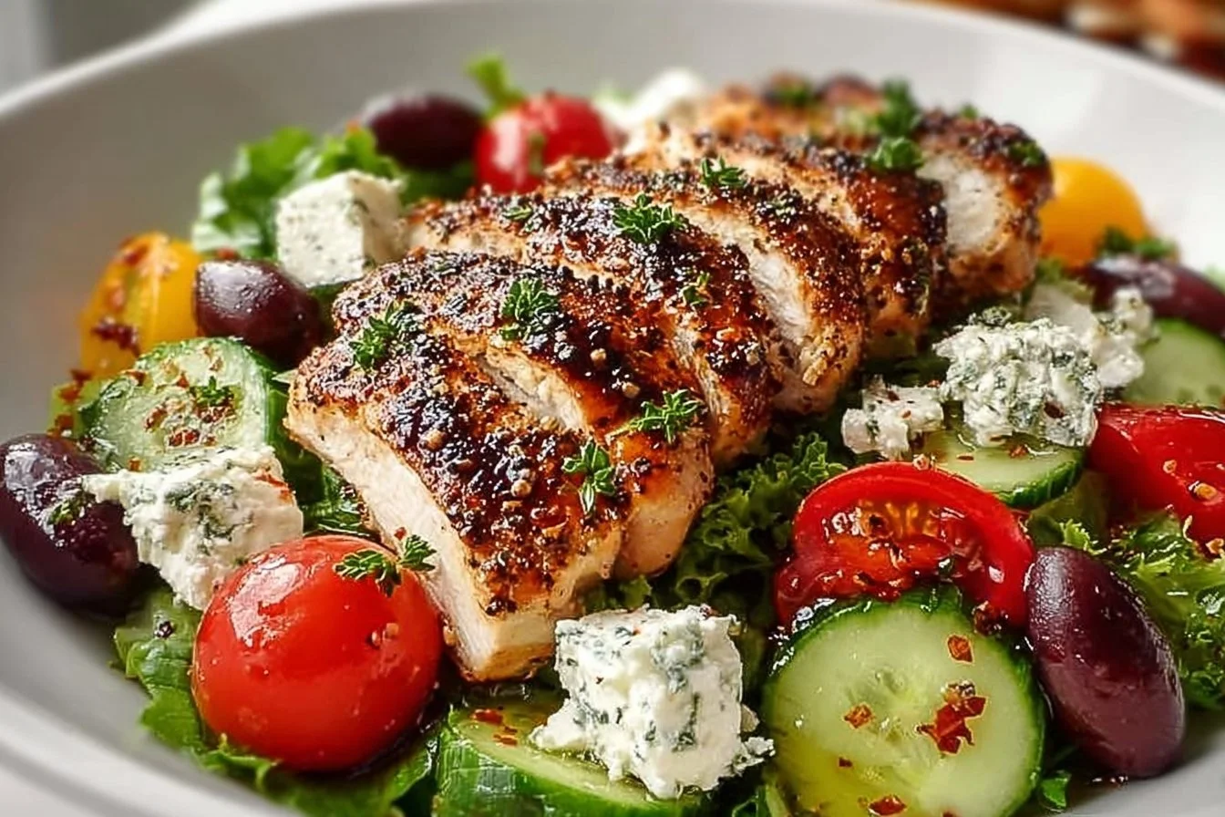 Fresh Greek salad topped with grilled chicken and colorful vegetables
