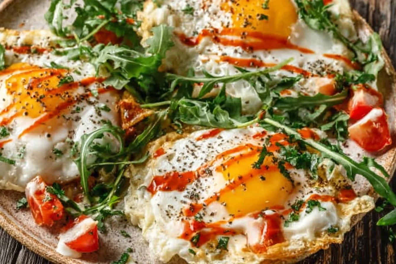 Plate of Frico Fried Eggs served with herbs and spices