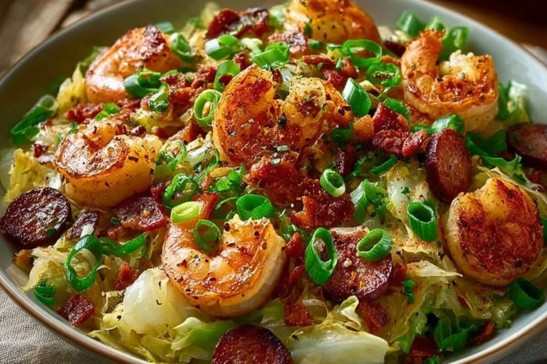 Delicious fried cabbage with shrimp, sausage, and bacon served on a plate