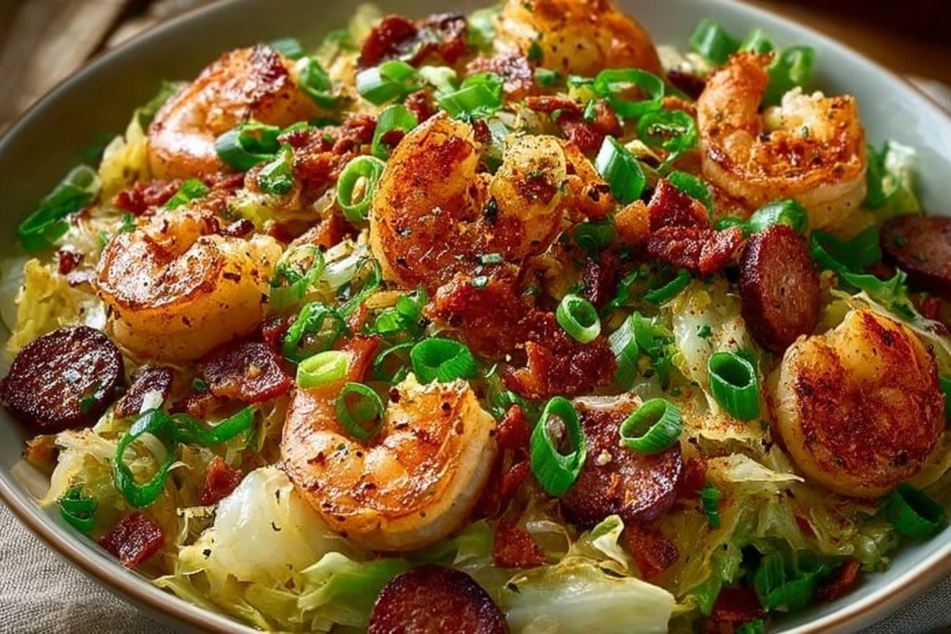 Delicious fried cabbage with shrimp, sausage, and bacon served on a plate