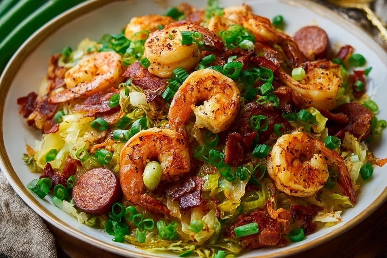 Delicious fried cabbage with shrimp, sausage, and bacon in a skillet