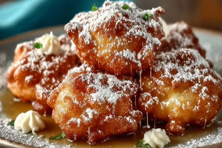 Delicious funnel cake bites topped with powdered sugar and served on a plate