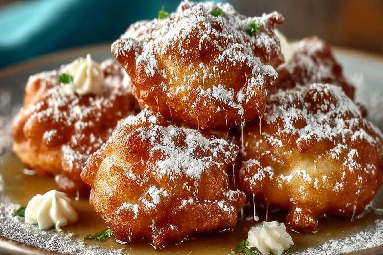 Delicious funnel cake bites topped with powdered sugar and served on a plate