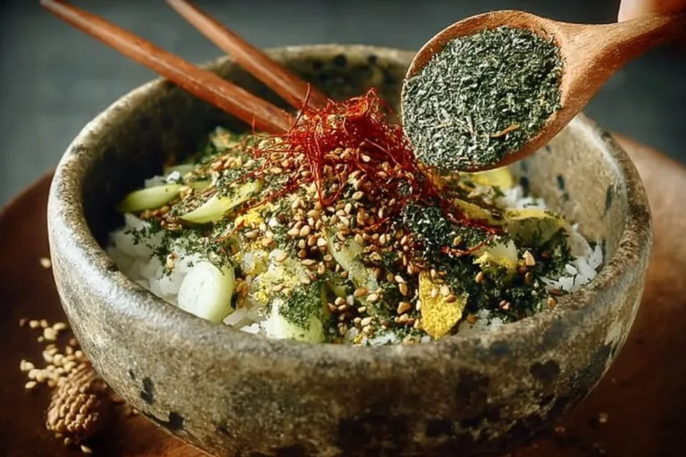 Vegan Furikake seasoning sprinkled over rice in a bowl.