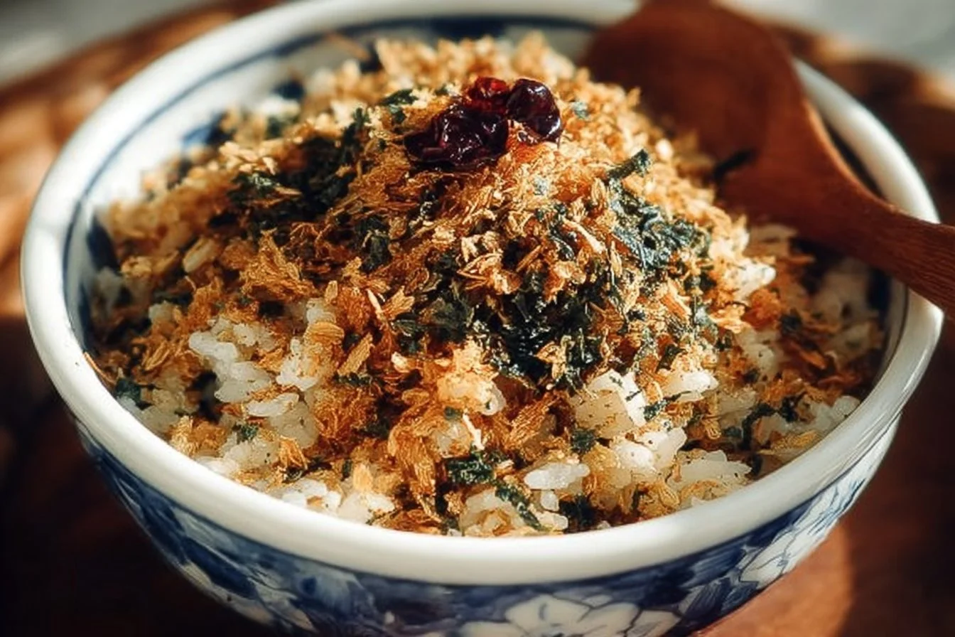 Bowl of Furikake Rice seasoned with colorful toppings and spices.