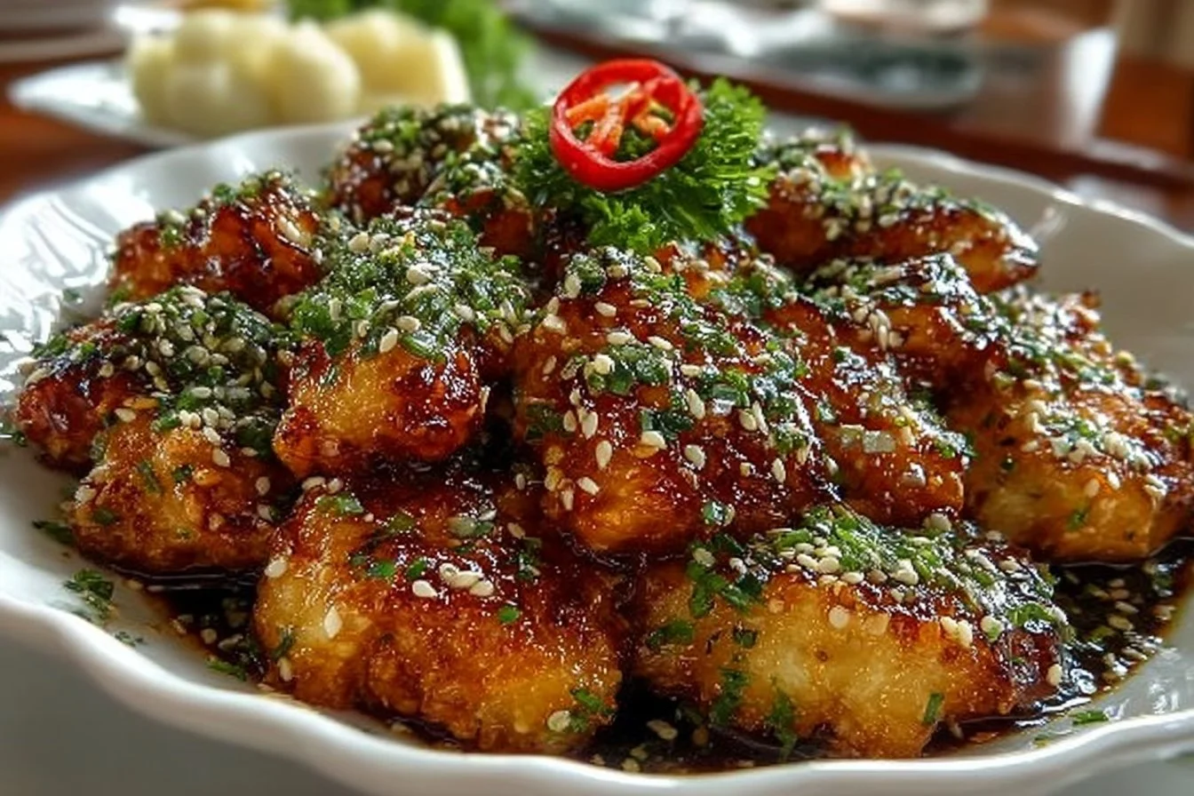 Image of Garlic Furikake Chicken served with rice and vegetables