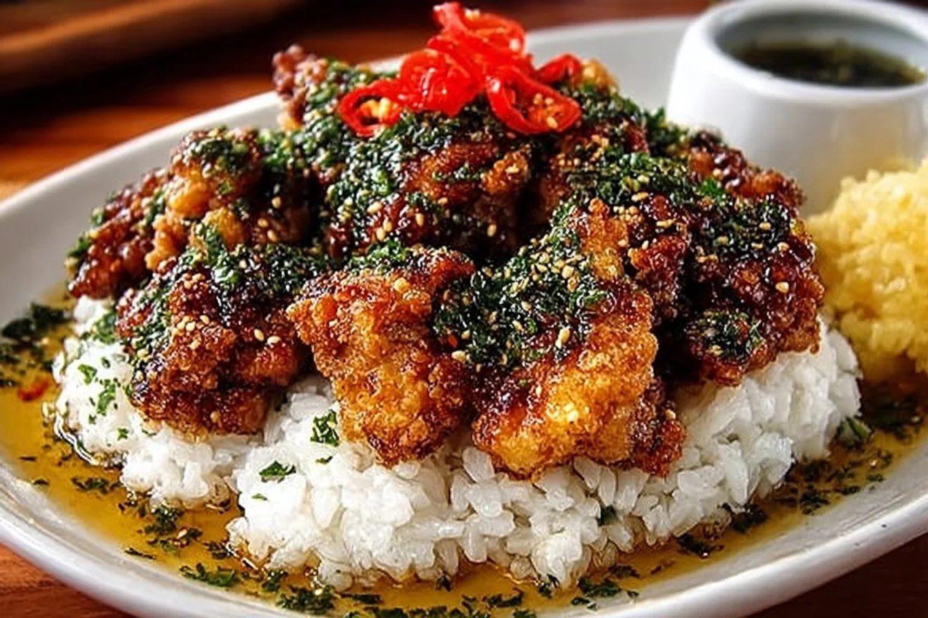 Garlic Furikake Chicken served with a side of vegetables and rice