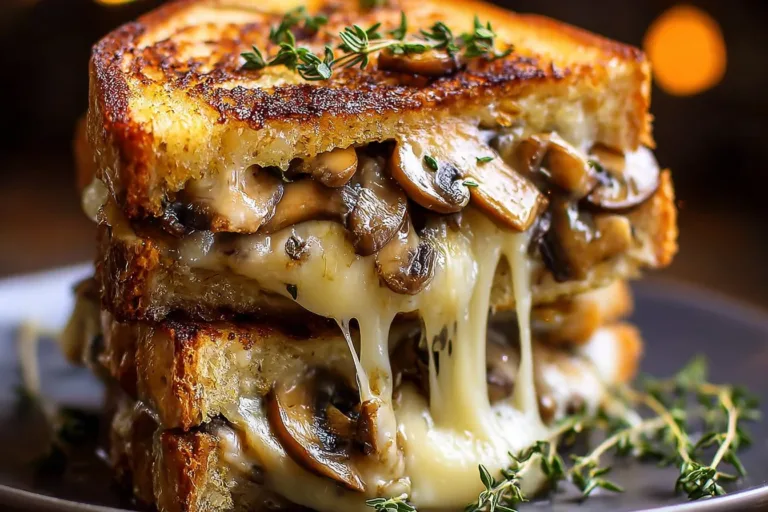 Garlic mushroom grilled cheese sandwich with melted cheese and sautéed mushrooms