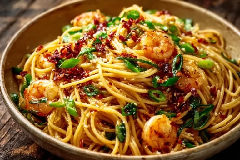Deliciously prepared garlic noodles with fresh herbs and spices