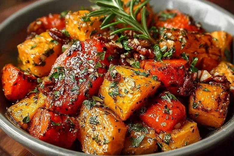 Delicious glazed maple roasted sweet potatoes and carrots served on a plate