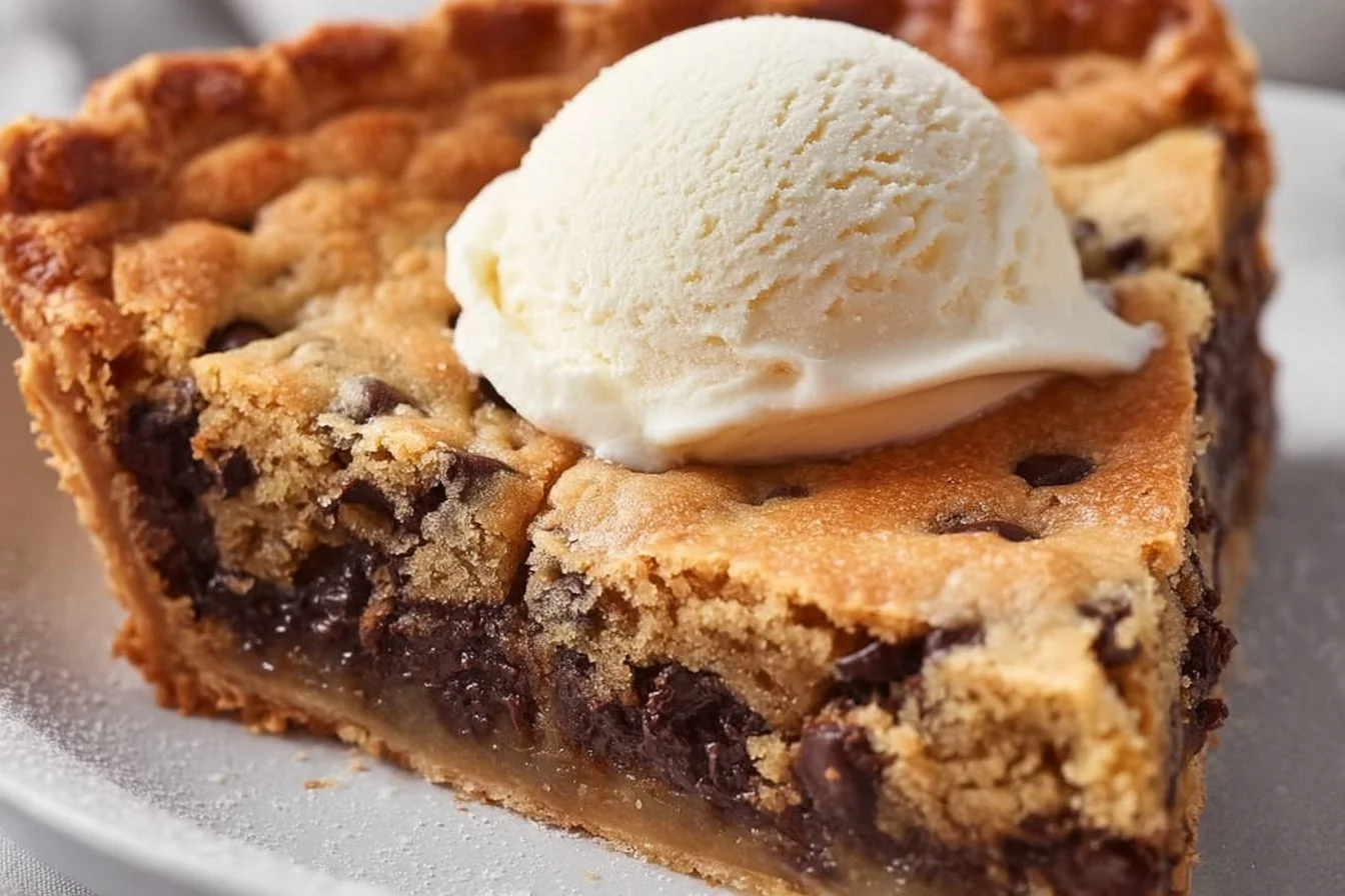 Delicious gooey chocolate chip cookie pie with melted chocolate chips
