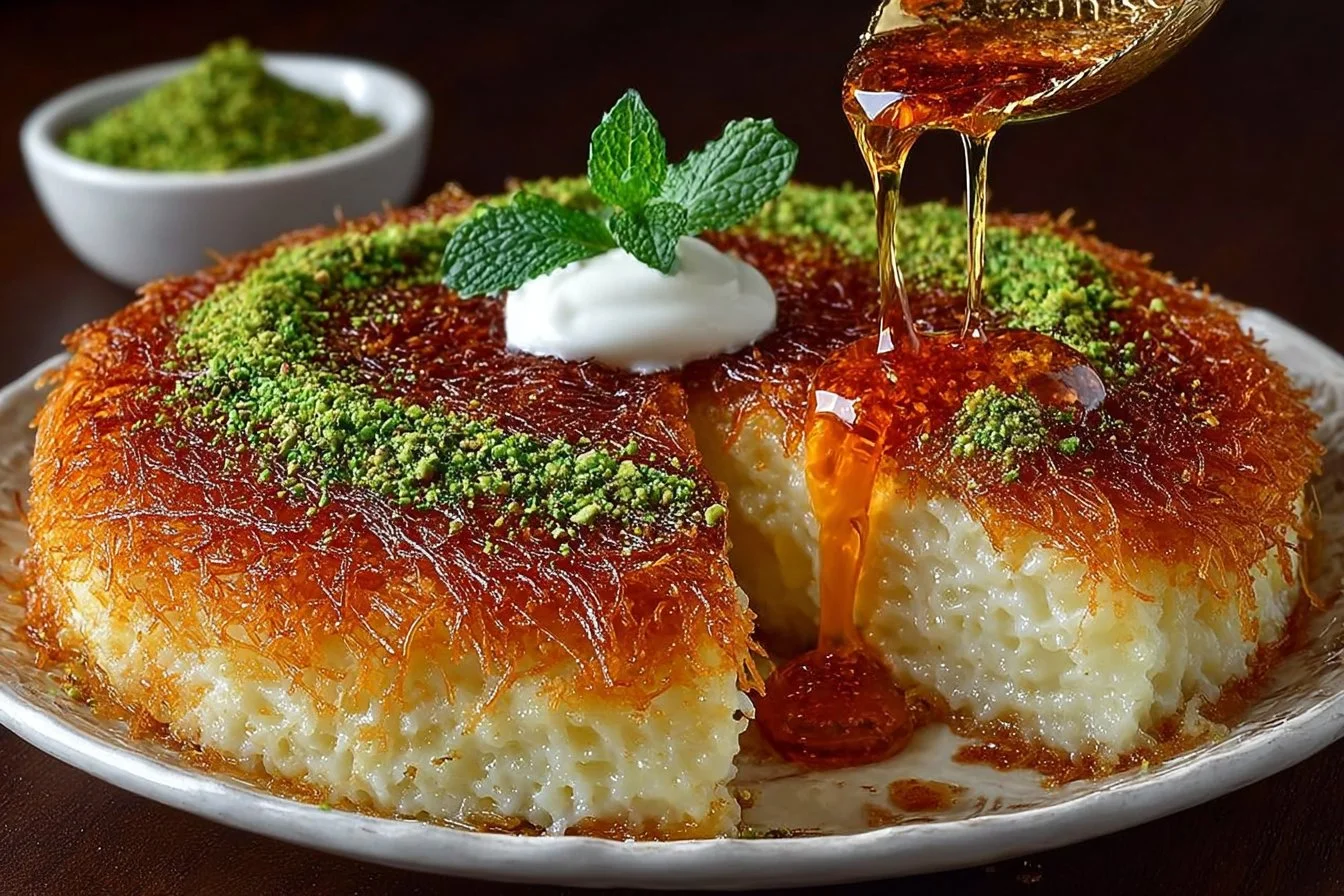Delicious gooey kunafa dessert topped with syrup and nuts