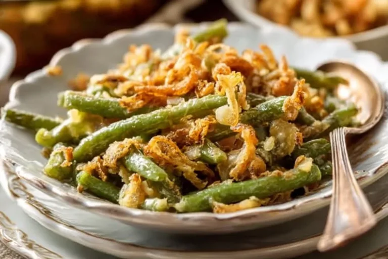Delicious green bean casserole served in a festive dish, ready for a holiday meal.