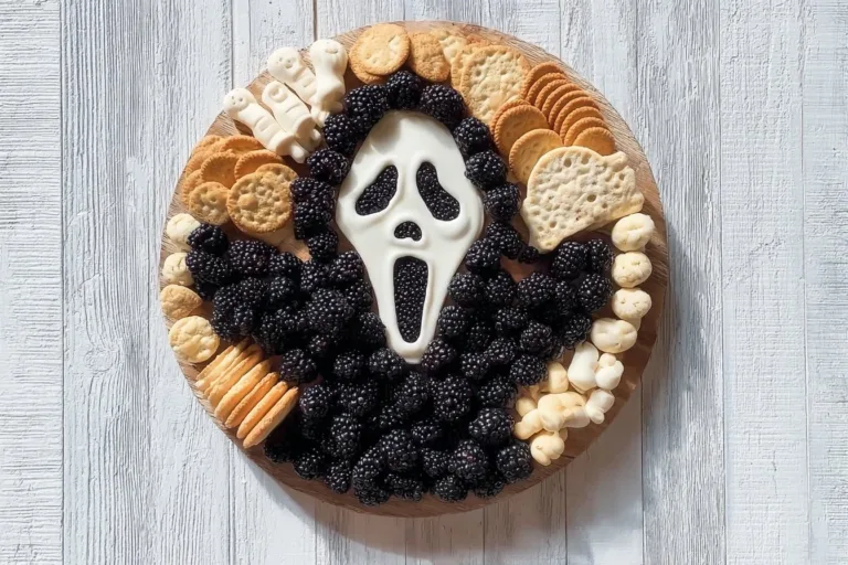 A festive Halloween charcuterie board featuring themed snacks and decorations.