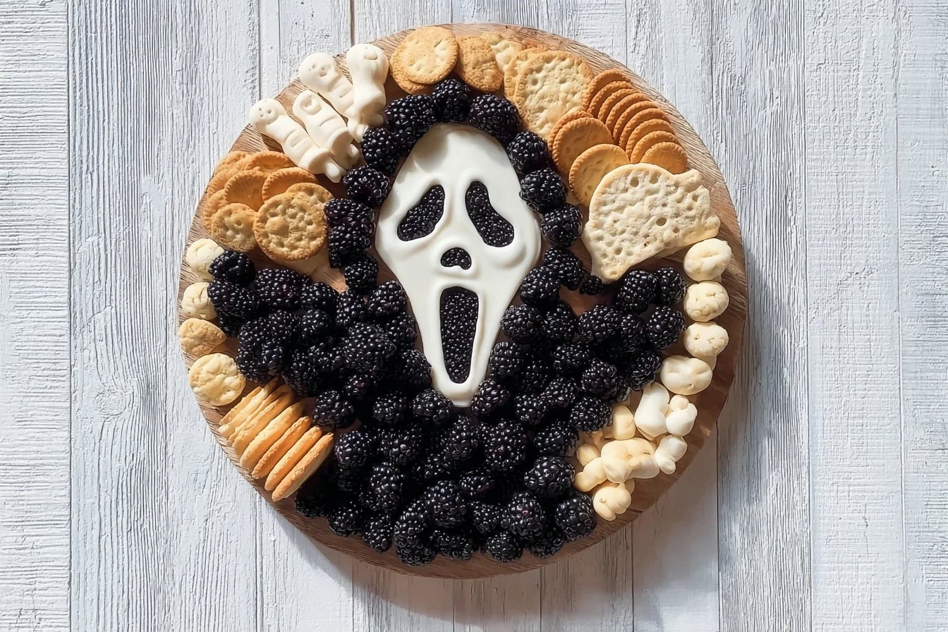 A festive Halloween charcuterie board featuring themed snacks and decorations.