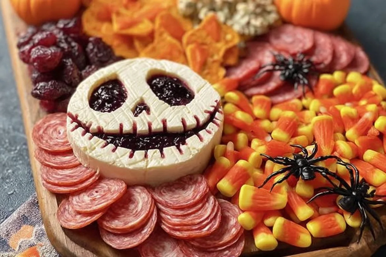 Colorful Halloween charcuterie board with themed treats and decorations.