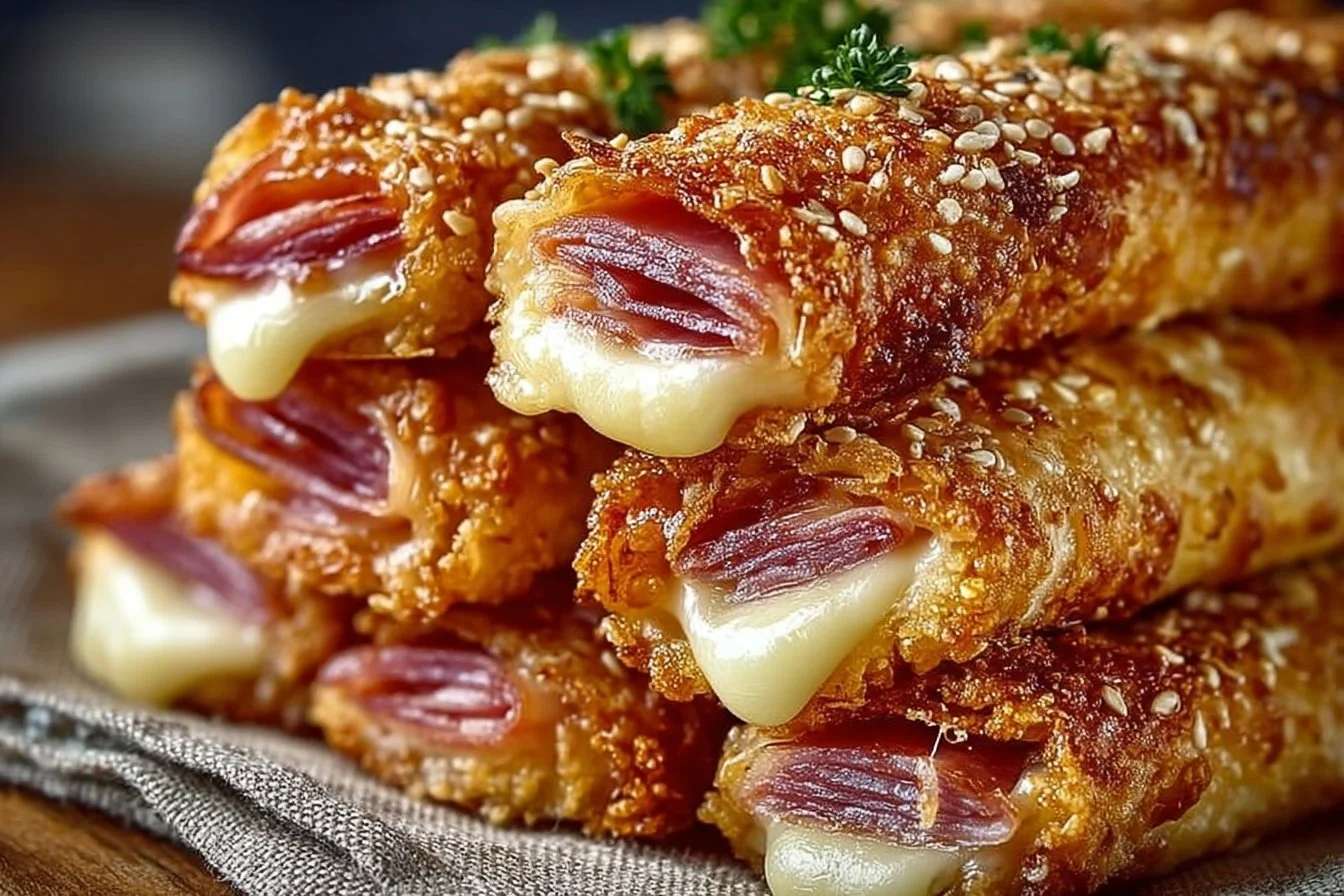Crispy ham and cheese sticks served on a plate