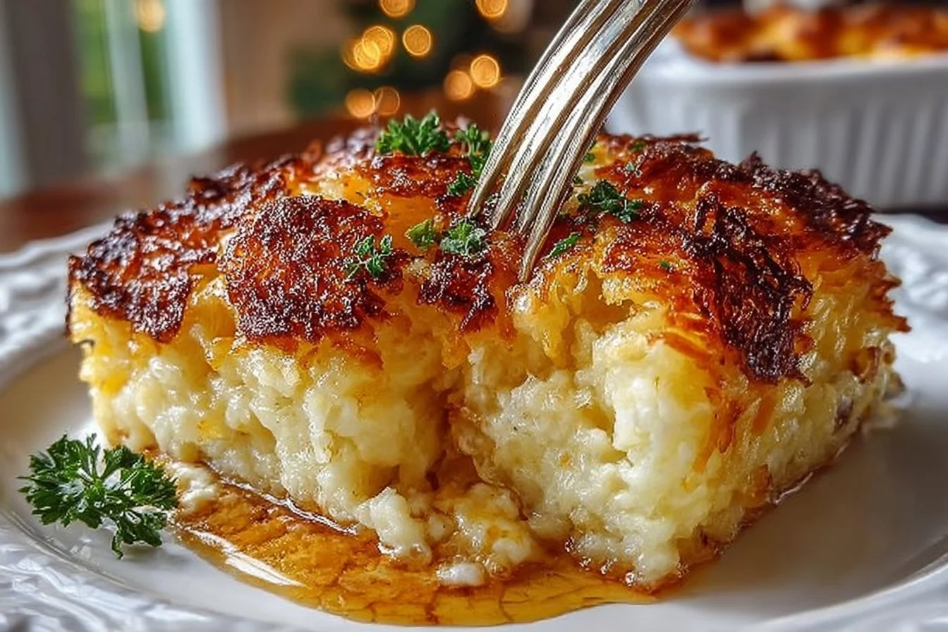 Delicious hashbrown casserole served in a baking dish with melted cheese and crispy edges.