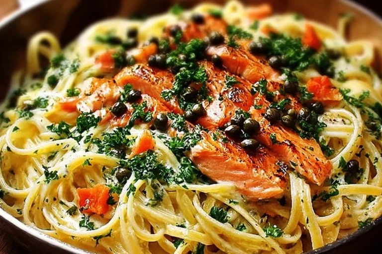 Healthier smoked salmon linguine served in a bowl with fresh herbs