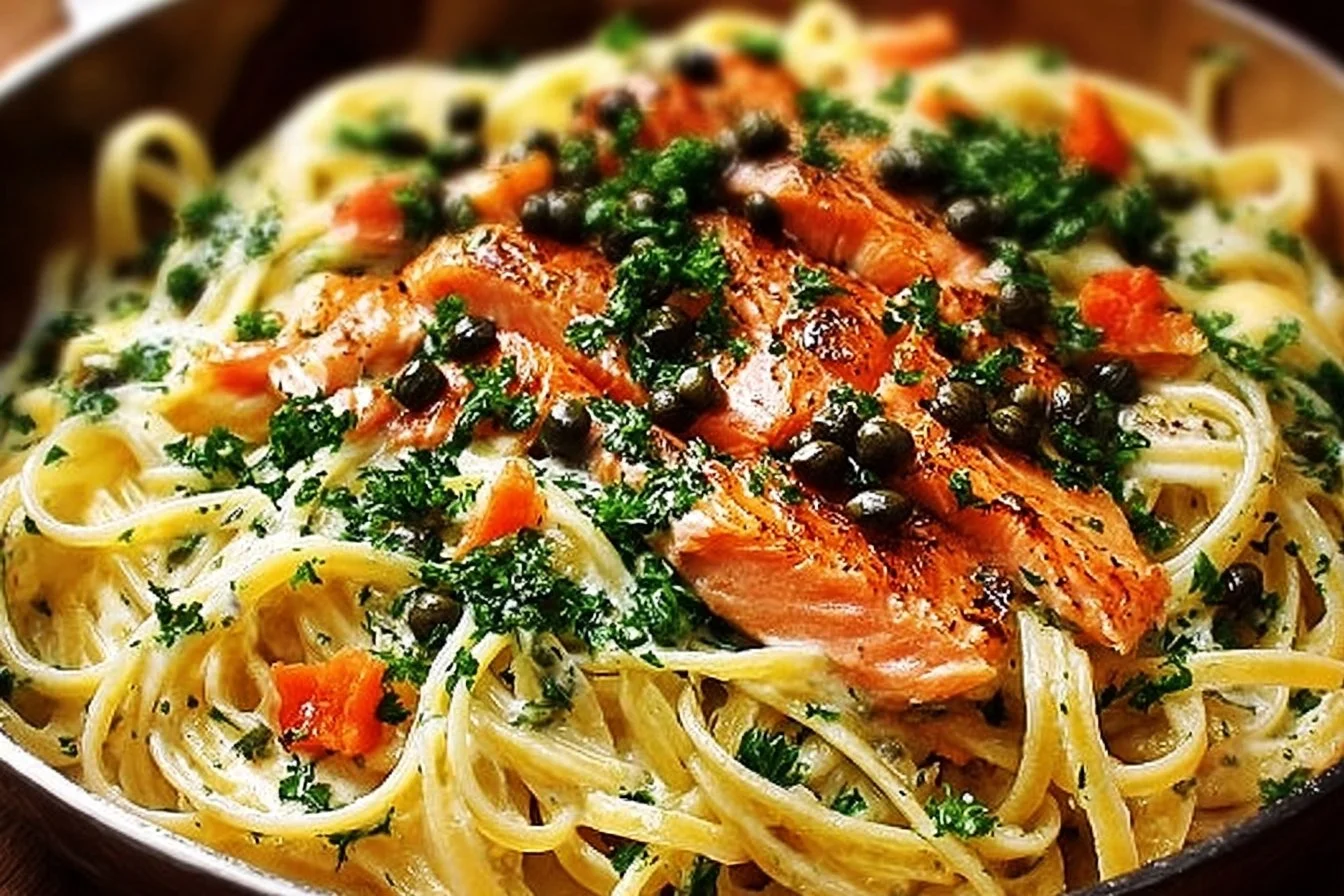 Healthier smoked salmon linguine served in a bowl with fresh herbs