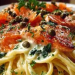 Plate of healthy smoked salmon linguine served with fresh herbs and lemon.