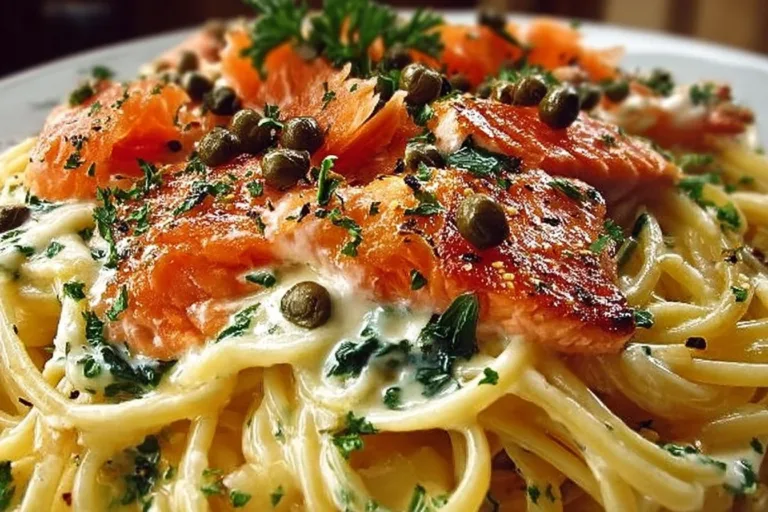 Plate of healthy smoked salmon linguine served with fresh herbs and lemon.