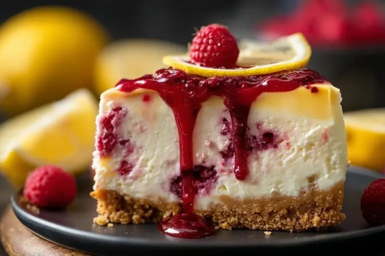Heavenly Lemon Raspberry Meringue Cheesecake topped with fresh raspberries
