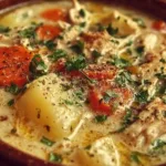 High Protein Chicken Pot Pie Soup in a bowl garnished with herbs