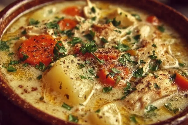 High Protein Chicken Pot Pie Soup in a bowl garnished with herbs