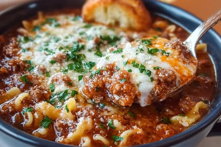 High Protein Lasagna Soup in a bowl with fresh herbs and cheese topping.