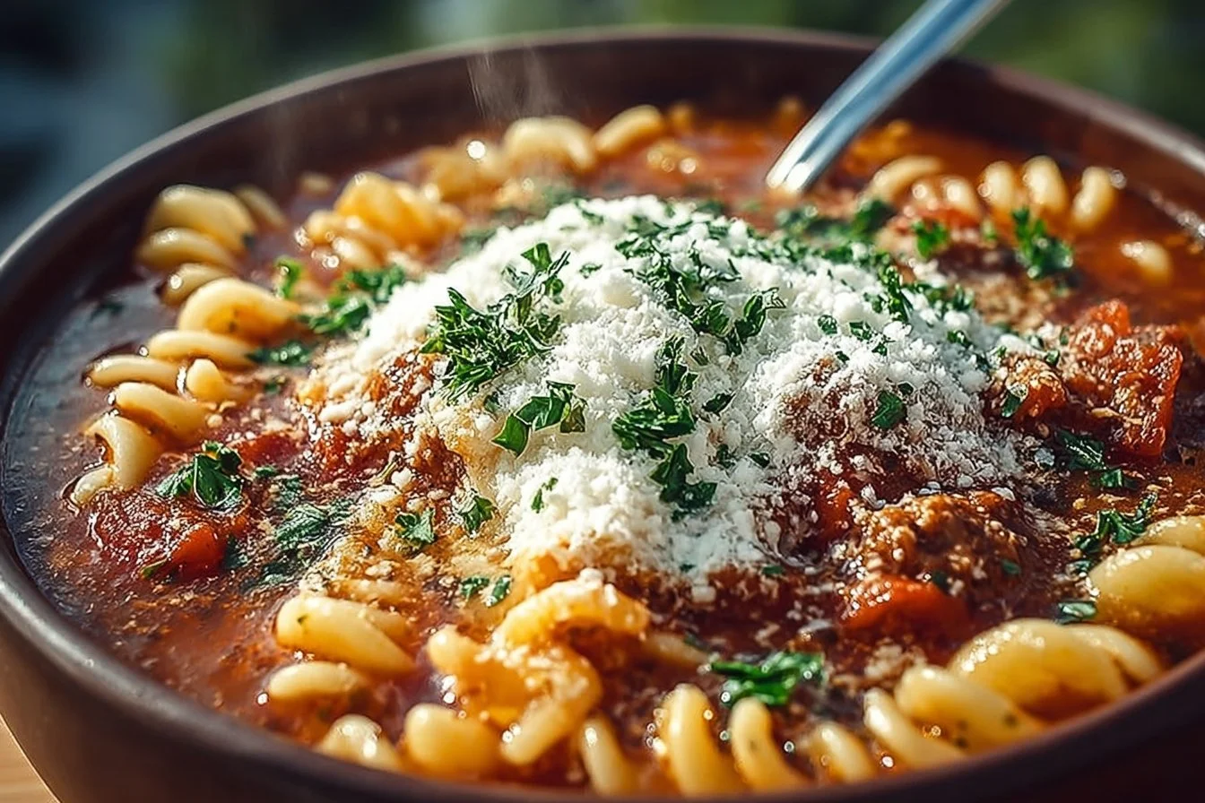 High Protein Lasagna Soup in a bowl topped with cheese and herbs