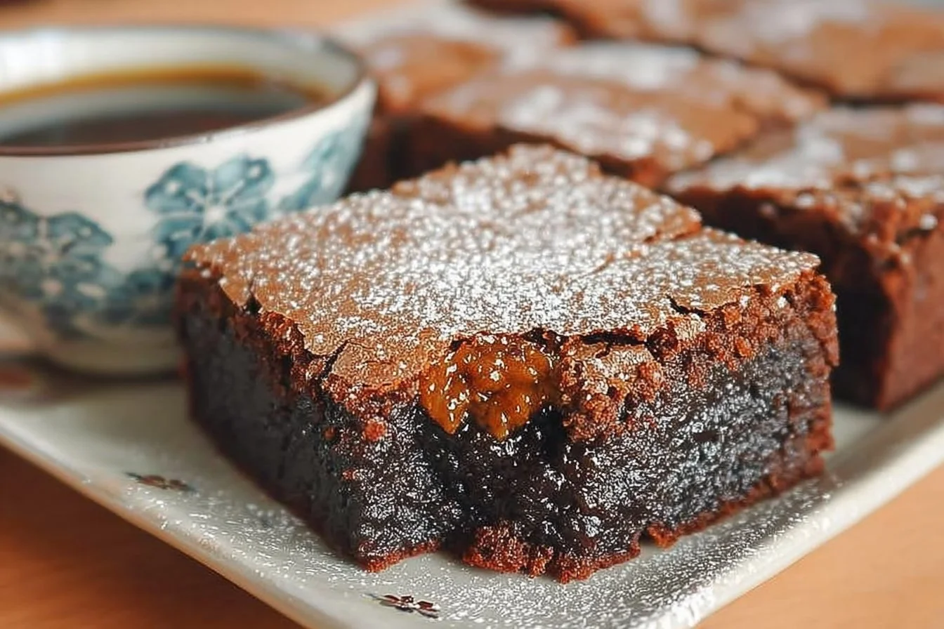 Delicious Hojicha Brownie topped with cocoa and matcha sprinkles