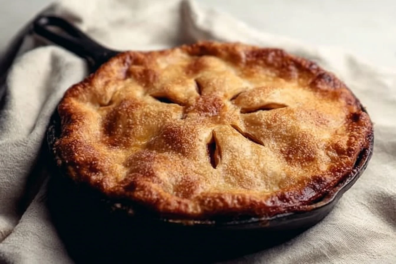 Homemade apple pie fresh from the oven, golden crust and delicious filling.