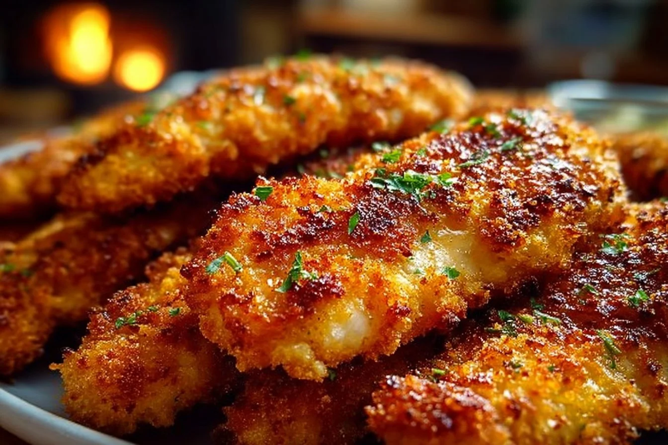 Crispy homemade baked chicken tenders served with dipping sauce